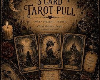 May include: A vintage-style image promoting a 3-card tarot reading. The text reads "3 Card Tarot Pull" with "Past, Present, Future" below. Three tarot cards are displayed, labeled "Past," "Present," and "Future." Additional text includes "Clarity, Guidance, Insight, Answers you need."