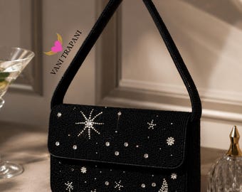 Moon & Star Beaded Shoulder Bag, Black Handmade Seed Bead Purse, Night Sky Evening Handbag, Astrology Star Statement Bag