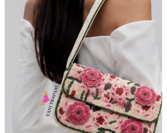 Colorful Floral Beaded Shoulder Bag, Handmade Seed Bead Flower Purse, Cottage core Spring Garden Handbag, Floral Statement Bag