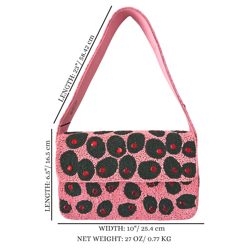 May include: A pink beaded handbag with a matching strap. The bag is 10 inches wide, 6.5 inches high, and 23 inches long. The bag's design features dark green and red accents. The net weight is 27 oz.