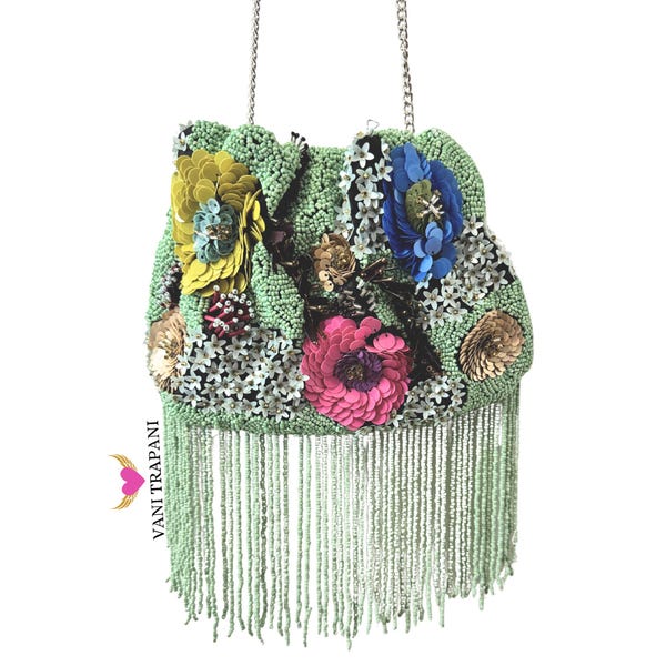 Green Sequin Mini Bag, Floral Fringe Evening bag,Handmade Embroidered Potli Purse, Luxury Beaded Shoulder Bag,Stylish Pouch Bag for Weddings