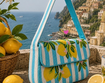 Blue & White Lemon Beaded Shoulder Bag | Handmade Citrus Fruit Purse | Summer Statement Clutch | Bohemian Evening | Purse Gift for Her