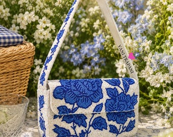 Blue Floral Beaded Shoulder Bag, Handmade Seed Bead Flower Purse, Blue and White Statement Handbag, Vintage Inspired Floral Summer Bag
