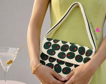 White Olive Beaded Shoulder Bag | Handmade Sequin Fruit Purse | Dirty Martini Party Bag | Staud-Inspired Beaded Handbag | Gift