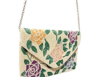 Perlen Rosen Clutch Tasche - Handgemachte Blumen Perlen Geldbörse, mehrfarbige Rosen Abend Clutch, Creme Perlen Crossbody für Hochzeiten & Geschenke