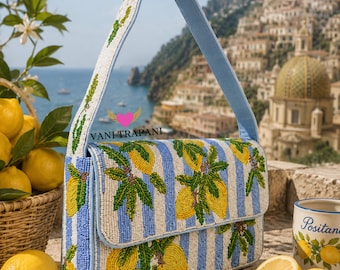 Blue & White Lemon Beaded Schultertasche | Handgemachte Zitrusfrucht Geldbörse | Sommerliche Statement-Clutch | Boho Abend | Handtasche Geschenk für Sie