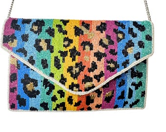 Leopard Beaded Clutch Purse, Colorful Handmade Animal Print beaded Bag ,Wild Safari Party Crossbody, Birthday Gift for Her, Statement Bag