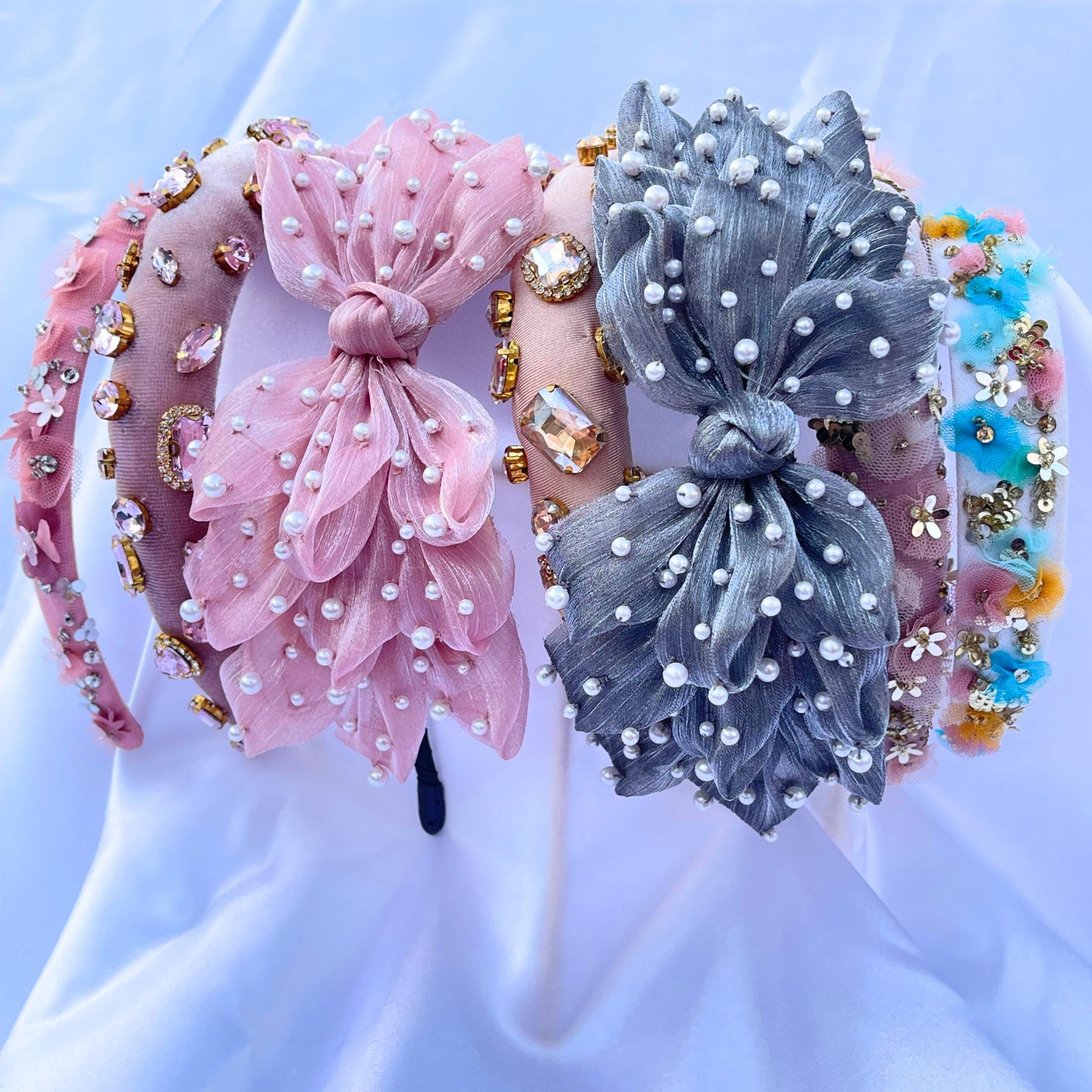 Blue Velvet Headband with Pink Gemstones Pink Headband With Gemstones - Etsy main image 4
