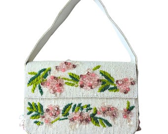 Floral Beaded Bridal Shoulder Bag – White Pearl Wedding Purse with Pink Crystal Flowers | Handmade Evening Bag, Bride Shower Gift
