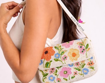 Colorful Floral Beaded Shoulder Bag, Handmade Seed Bead Flower Purse, Cottage core Spring Garden Handbag, Pastel Floral Statement Bag