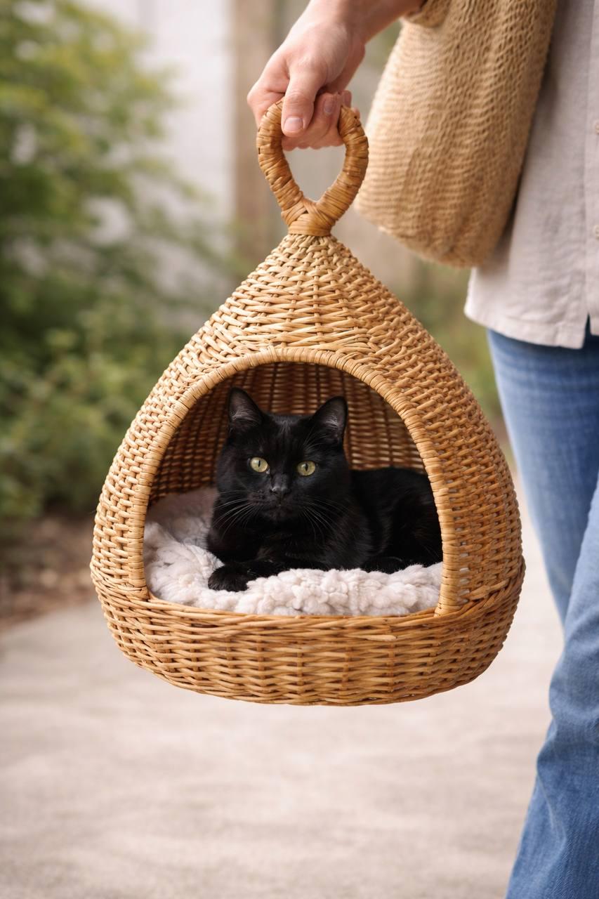 籐製キャットハウス、籐製キャットベッド、ボヘミアン風キャットケーブ