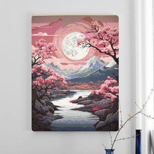 Japanese Landscape Cross Stitch Pattern 13 Instant PDF Download - Cherry Blossom Tree Watercolor Cross Stitch Pattern - Japan Cross Stitch