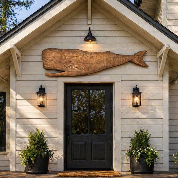 Driftwood Whale Wall Decor – 43.3" Wooden Fish 2D Sculpture, Coastal Beach Wall Art