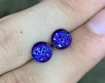 7.6mm Round Tanzanite Stud Earrings: 3.63 Carat Purple Blue Gemstone