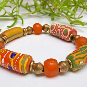Bright Orange African Recycled Glass Beaded Bracelet Boho Style Jewelry Unique Gift For Her
