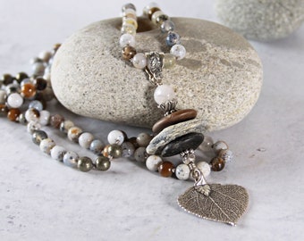 Opal Knotted Necklace with Stacked Beach Stone Pendant / Beach Stone Pendant with Aspen Leaf / Boho Style Jewelry / Long Knotted Necklace