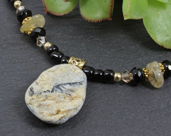 Black And Gold Beach Stone Pendant Necklace With Rutilated Quartz, Boho Chic, Rustic and Elegant, African Black Trade Beads, One of a Kind