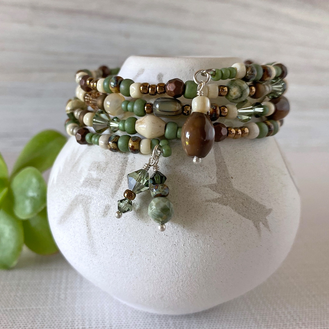 Green and Brown Beaded Bracelet With Charms Swarovski Etsy