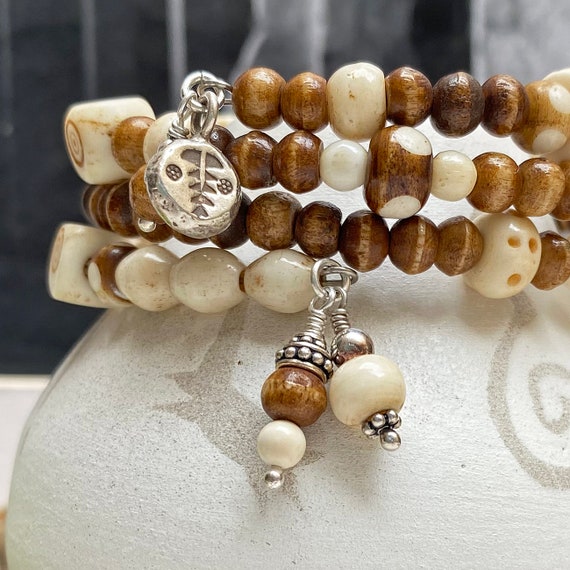 Bone Beaded Bracelet With Charms, DZI Agate, Carved Bone