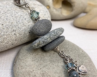 Stacked Stones Pendant Necklace, Beach Stone Necklace, Boho Style Jewelry, Swarovski Crystal, Blues and Greys, Gemstone Charms, Heart Charm