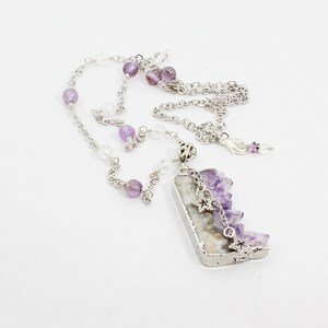 Amethyst Crystal Slice Pendant With Sparkling Star Charms, Long Silver Chain Pendant Necklace, Boho Chic, One of a Kind Gift for Her