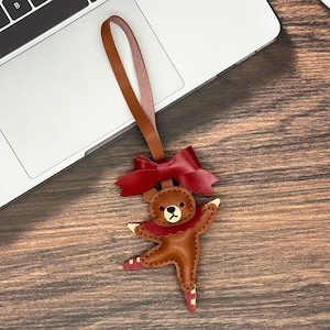 Handmade Genuine Leather Dancing Bear Bag Charm, Leather Purse Charm, Christmas Gifts