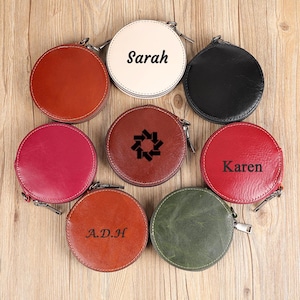 Personalized Small Leather Coin Pouch, Leather Belt Pouch, Leather Coin Round Pouch with Zipper, Engraved Pouch, Birthday Gift for Her