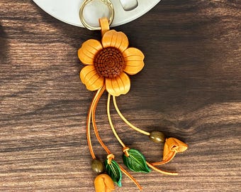 Handmade Leather Orange Floral Bag Charm, Leather Flower Purse Charm, Anniversary Gift for Her