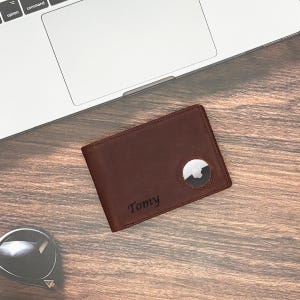 Personalized Crazy Horse Leather Wallet with Airtag Holder - Engraved Coffee Brown Card Pouch