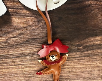 Handmade Leather Dancing Bear Bag Charm, Christmas Gift