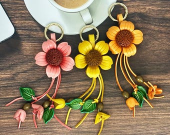 Handmade Leather Sunflower Bag Charm, Purse Embellishment
