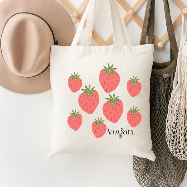 Vegan Strawberry Tote Bag, Berry Printed Bag, Creative Bag, Gift Bag, Reusable Grocery Bag, Tote Bags, Travel, School