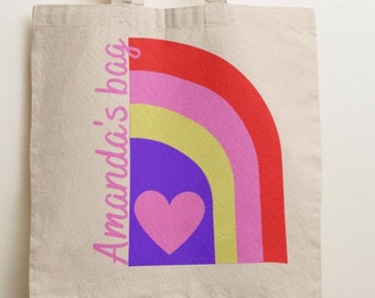 Personalized Pink and Purple Rainbow Tote Bag, Kids Tote Bag, Pink Tote, Art Tote, Rainbow Tote Bag, Gift Bag, Reusable Grocery Bag, School