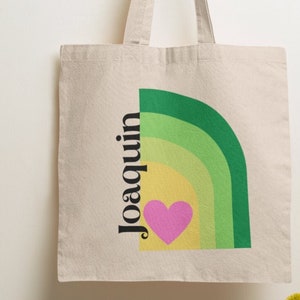 Personalized Green and Yellow Rainbow Tote Bag, Custom Tote Bag, Kids Tote, Rainbow Tote Bag, Gift Bag, Reusable, Book Bag, School