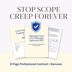 Anti-scope creep UGC creator contract template with shield protection icon, professional contract pages, and "Stop Scope Creep Forever" text overlay on clean background