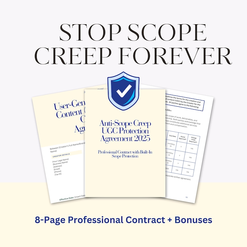 Anti-scope creep UGC creator contract template with shield protection icon, professional contract pages, and "Stop Scope Creep Forever" text overlay on clean background