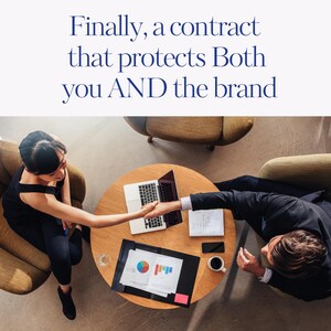 Finally, a contract that protects both you and the brand – creator and client meeting over contract on table – professional UGC agreement for brand partnerships