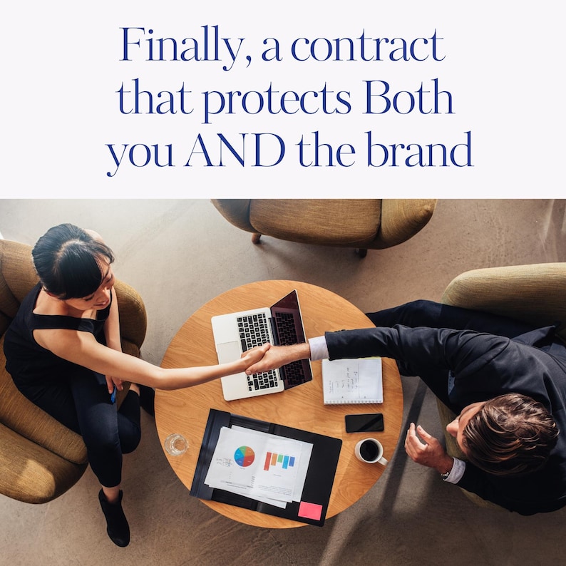 Finally, a contract that protects both you and the brand – creator and client meeting over contract on table – professional UGC agreement for brand partnerships