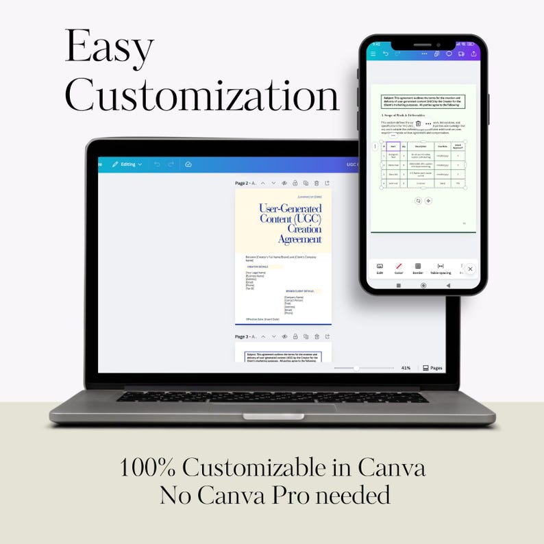 Easy customization in Canva – UGC creator contract template on laptop and mobile – 100% editable legal agreement with no Canva Pro needed