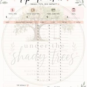 May include: A Tip Tracker printable sheet with a tree illustration and the text Tip Tracker, Small Tips, Big Impact, under the shady trees, and Grateful for every tip, big or small. The form includes sections for total tips, cash, card, and goals.