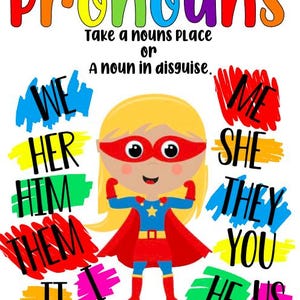 Peut inclure: Une illustration colorée d'une fille super-héroïne avec le mot "Pronoms" en haut et une liste de pronoms dans des cases colorées autour de la fille. Le texte dit "Prendre la place d'un nom ou Un nom déguisé."