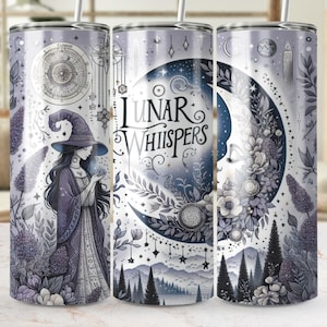 Lunar Whispers, Witch Tumbler Wrap, 20oz Skinny Tumbler PNG, Moon Tumbler Design, Digital Download, Celestial Tumbler
