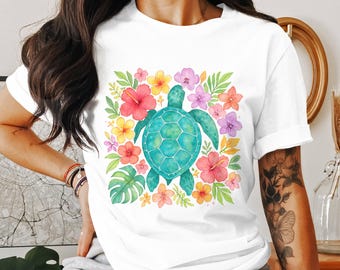 Turtle Digital Download PNG, Watercolor Floral Sea Turtle Clipart, Tropical Flower Design, Sublimation for Shirts,Tumblers