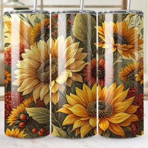 Sunflower Tumbler Wrap Design, Floral 20oz Skinny Tumbler, Seamless Sublimation, PNG Digital Download, Autumn Flowers