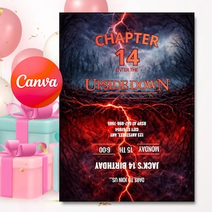 May include: A birthday party invitation with the text "Chapter 14" and "Enter the Upside Down". The invitation has a dark, ominous theme with a red and black color scheme. Includes RSVP information and party details.