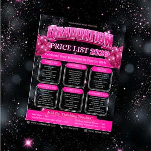 2x Pink Graduation Price List Canva Editable Template, Graduation Package Flyer, Grad Class of 2026 Salon Flyer, Hair & Makeup Pricing List