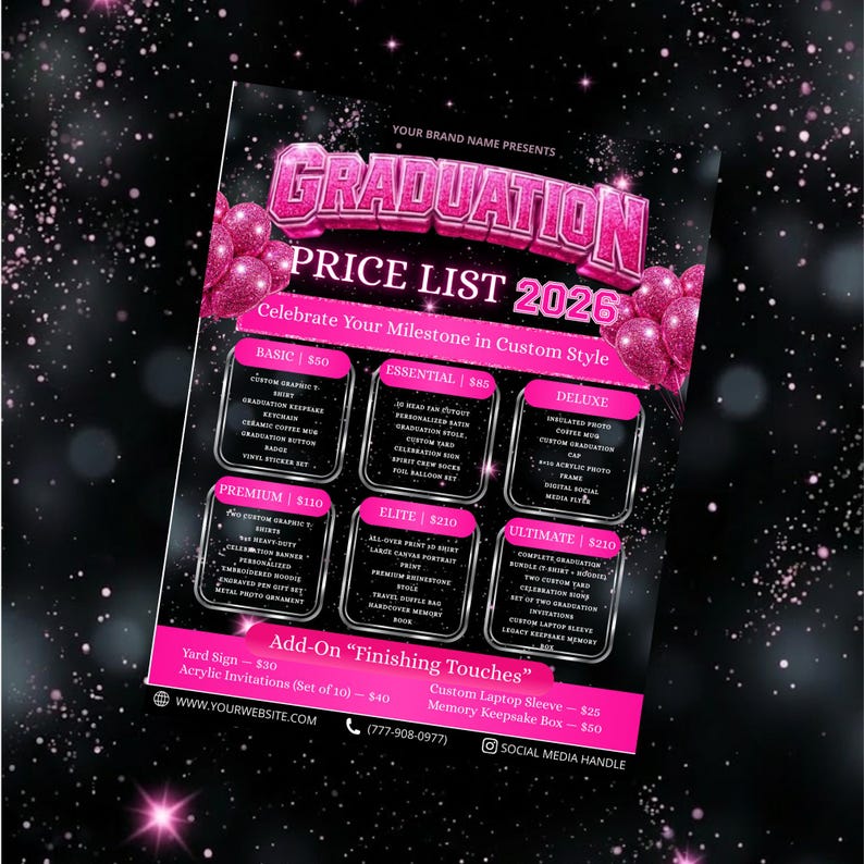 2x Pink Graduation Price List Canva Editable Template, Graduation Package Flyer, Grad Class of 2026 Salon Flyer, Hair & Makeup Pricing List