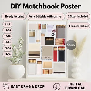 Könnte beinhalten: Ein gerahmtes DIY-Streichholzheft-Poster mit verschiedenen Streichholzschachtel-Designs. Das Poster enthält den Text "Ready to print", "Fully Editable with canva" und "6 Sizes Included". Das Poster enthält auch den Text "I love you" und "Digital Download."