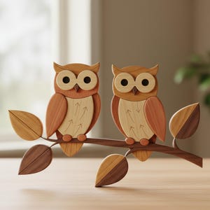 Peut inclure: Deux figurines de hiboux en bois perchées sur une branche avec des feuilles. Les hiboux présentent un design en couches avec des nuances de marron et de beige. La branche et les feuilles sont également en bois, créant une pièce décorative naturelle.