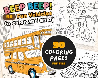 Puede incluir: Un conjunto de 90 páginas para colorear con divertidos vehículos, incluyendo un autobús escolar, un taxi y un coche deportivo. El título "BEEP BEEP! 90 Fun Vehicles to color and enjoy" se muestra en la parte superior de la página. El texto "90 Coloring Pages PDF File" se muestra en un círculo.